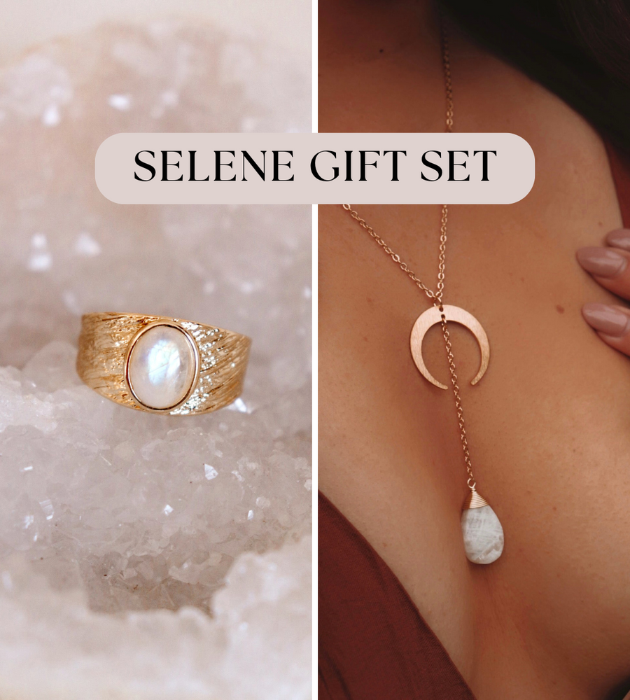 Selene Gift Set | Moonstone Lariat and textured cigar band ring ($136 value!)