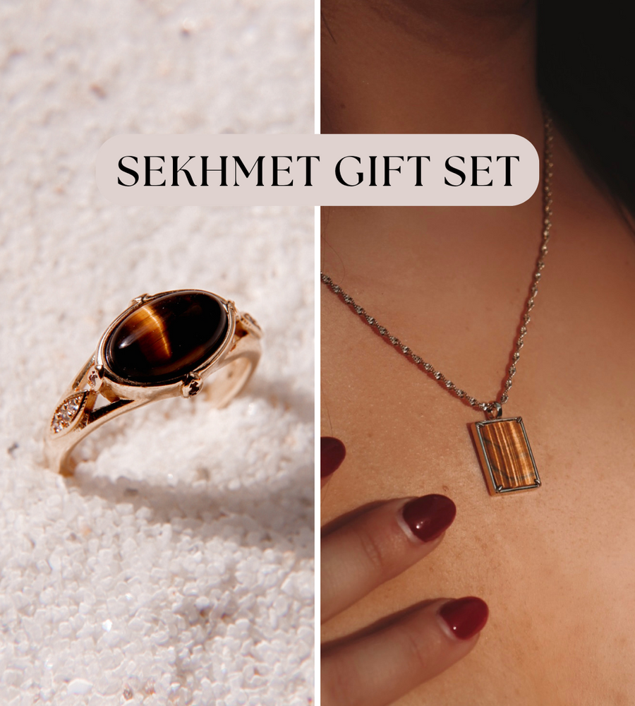 Sekhmet | tiger's eye window necklace and signet ring gift set