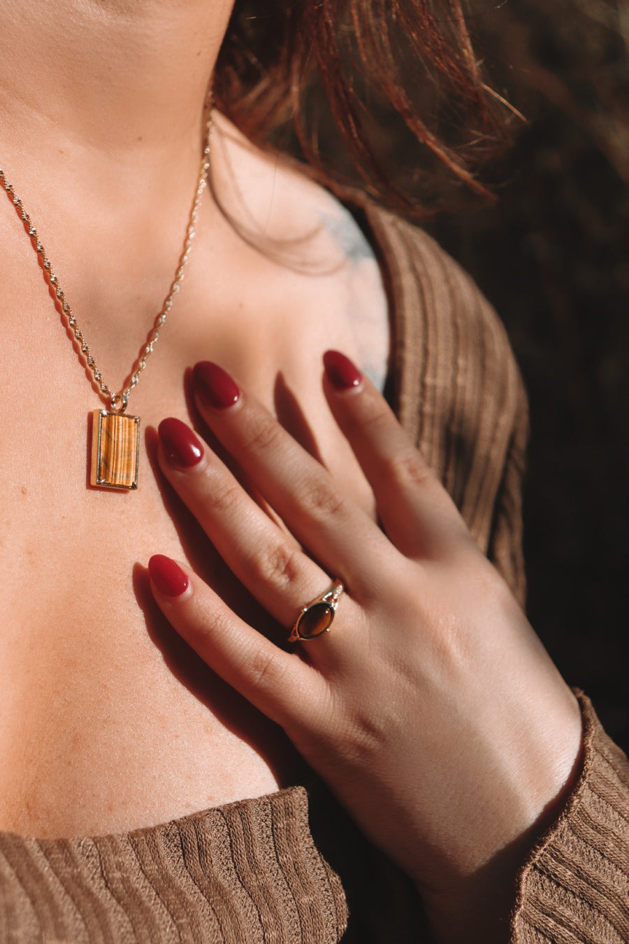 Sekhmet | tiger's eye window necklace and signet ring gift set