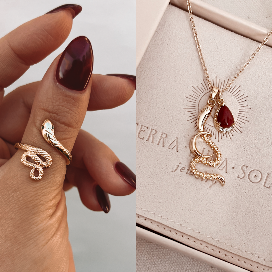 Blood moon gift set | carnelian serpent moon necklace + medusa ring