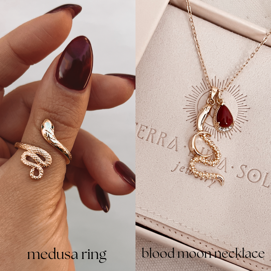 Blood moon gift set | carnelian serpent moon necklace + medusa ring