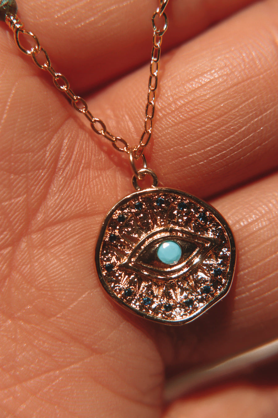 Hathor | Turquoise + apatite evil eye coin necklace