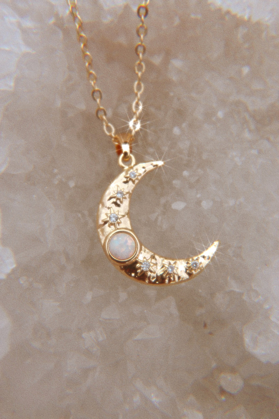 Opal Crescent Moon and Star Pendant Necklace | Caitlyn Minimalist