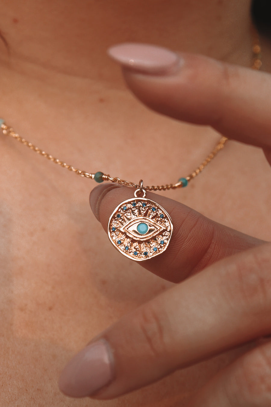 Hathor | Turquoise + apatite evil eye coin necklace